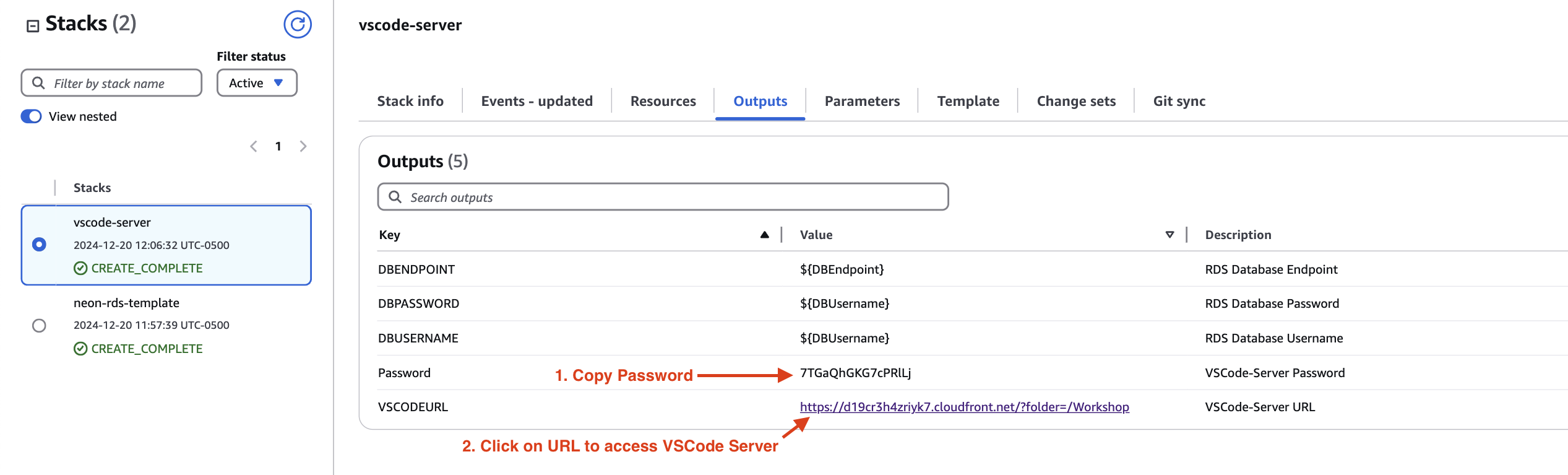 CloudFormation Outputs Tab